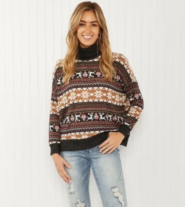3XL Brown Winter Print Lightweight Turtleneck Sweater