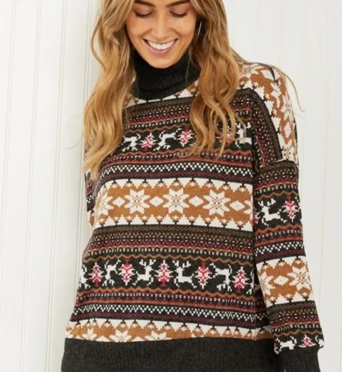 3XL Brown Winter Print Lightweight Turtleneck Sweater