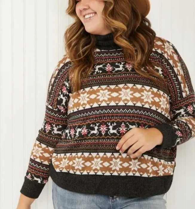 3XL Brown Winter Print Lightweight Turtleneck Sweater