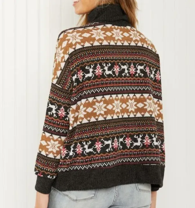 3XL Brown Winter Print Lightweight Turtleneck Sweater