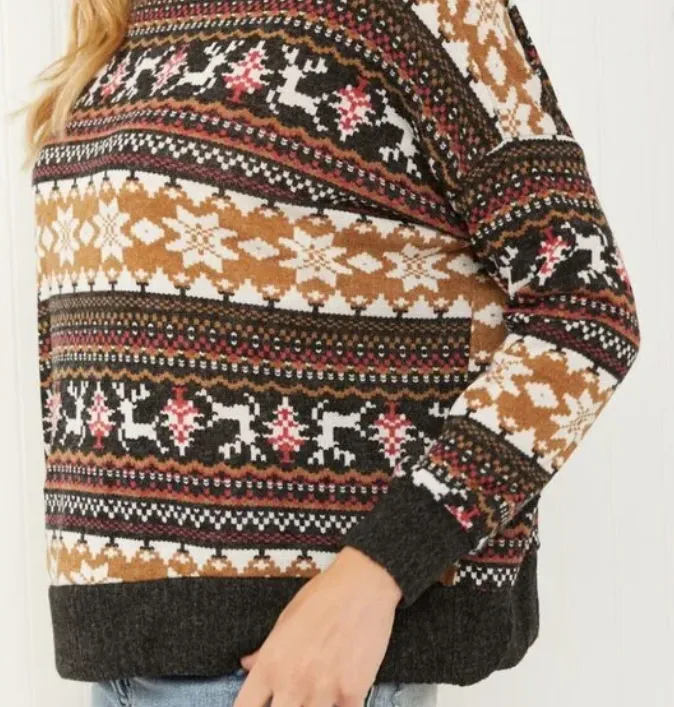 3XL Brown Winter Print Lightweight Turtleneck Sweater