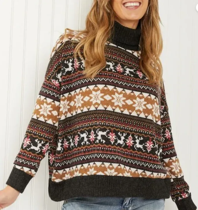 3XL Brown Winter Print Lightweight Turtleneck Sweater