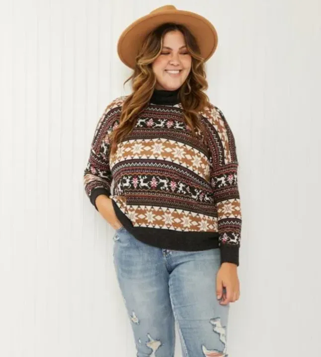 3XL Brown Winter Print Lightweight Turtleneck Sweater
