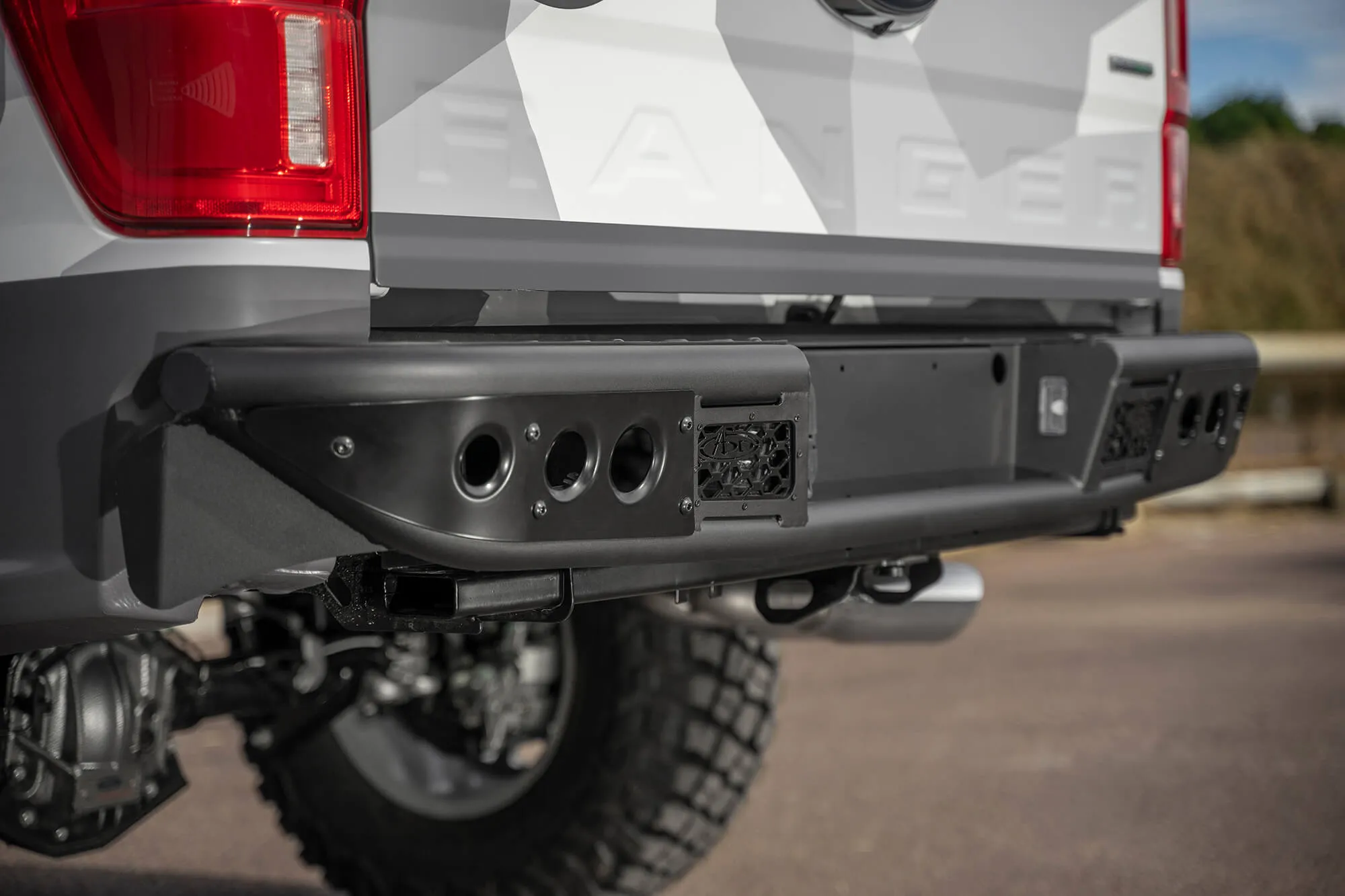 Addictive Desert Designs R222251280103 Venom Rear Bumper; Hammer Black; Panel Color Satin Black; Cube Light Mounts;