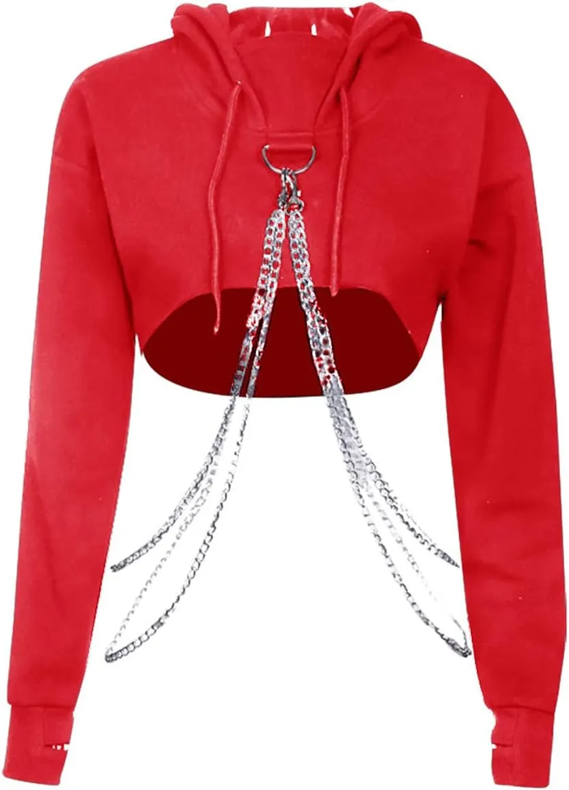 AULKEEP Womens Goth Punk Iron Chain Strap Hooded Crop Tops Cotton Black Hoodie Pullover Sweatshirt