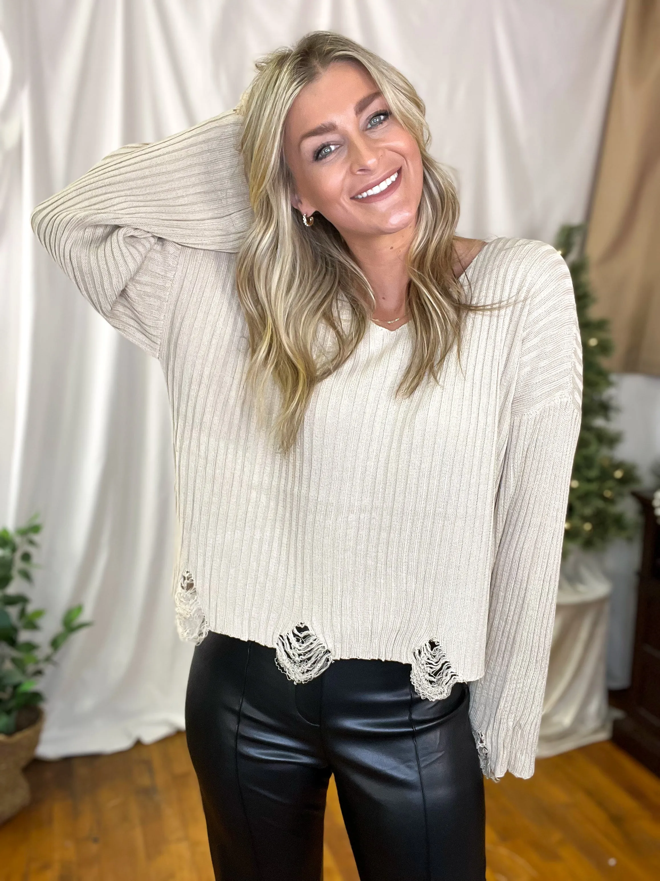 Beige Distressed Lightweight Sweater