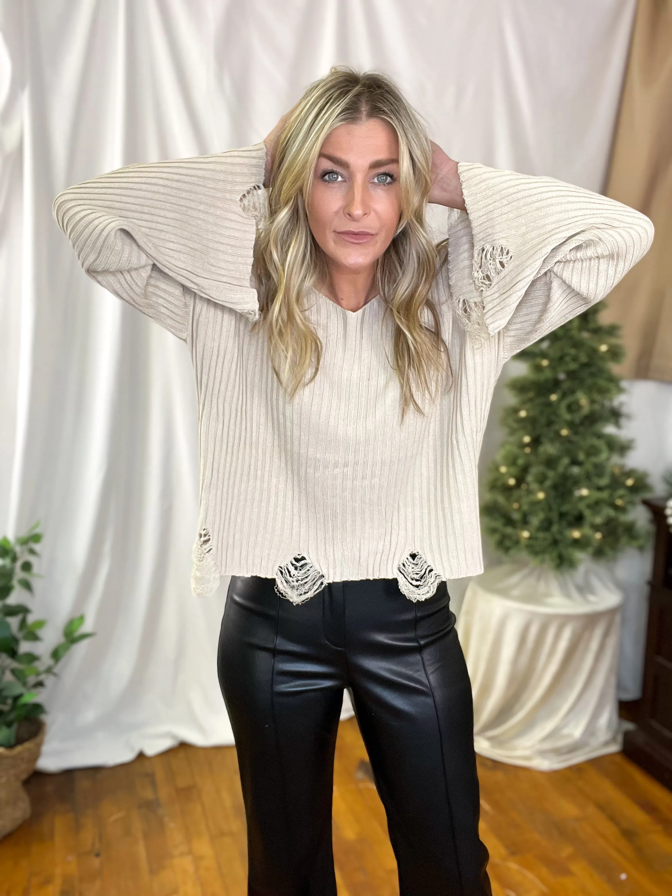 Beige Distressed Lightweight Sweater