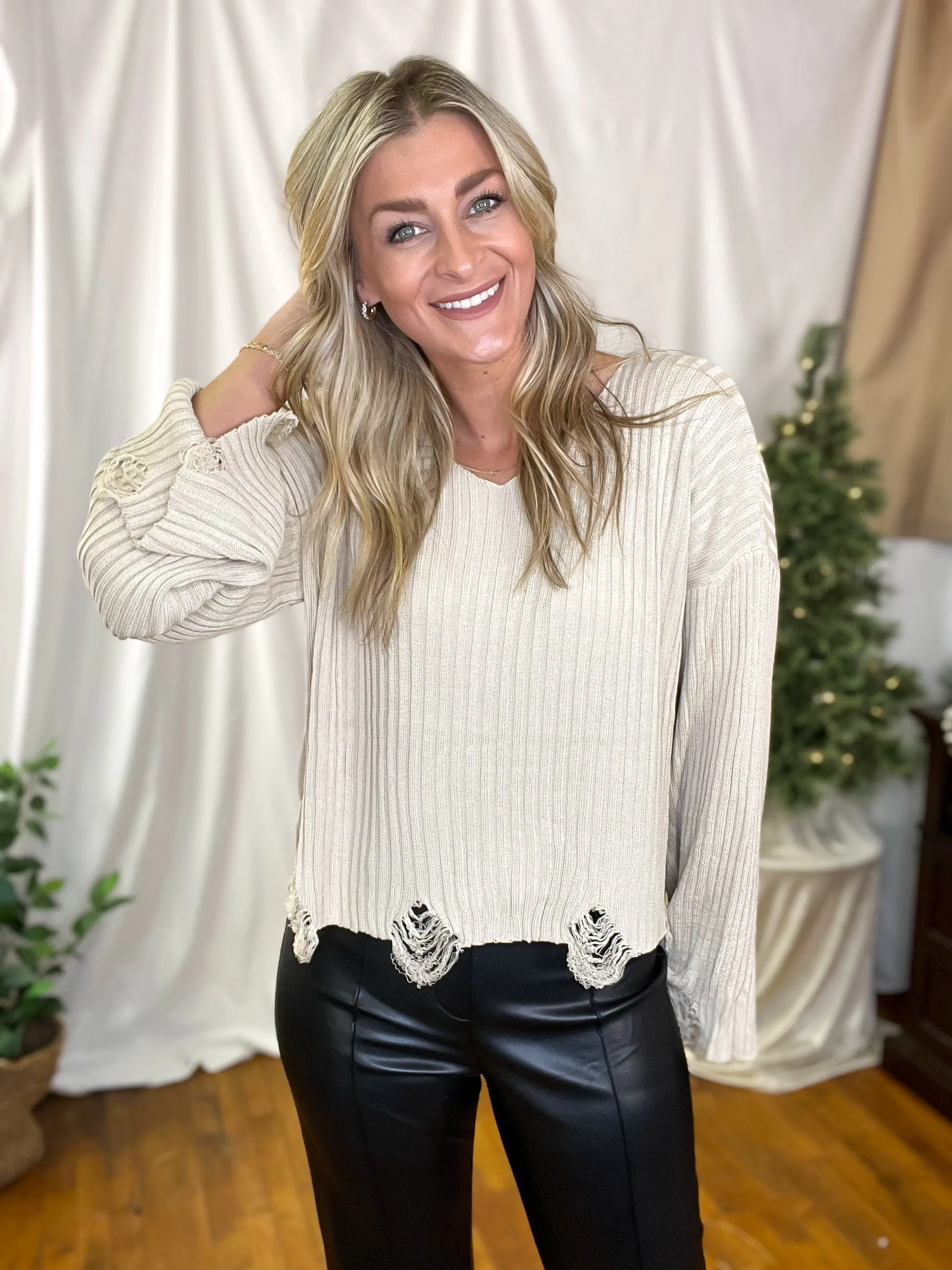 Beige Distressed Lightweight Sweater