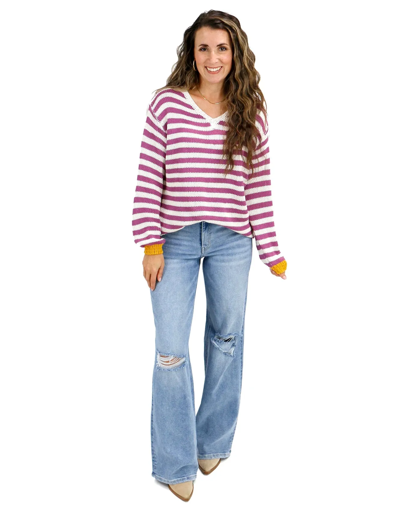 Berry Striped V-Neck Sweater
