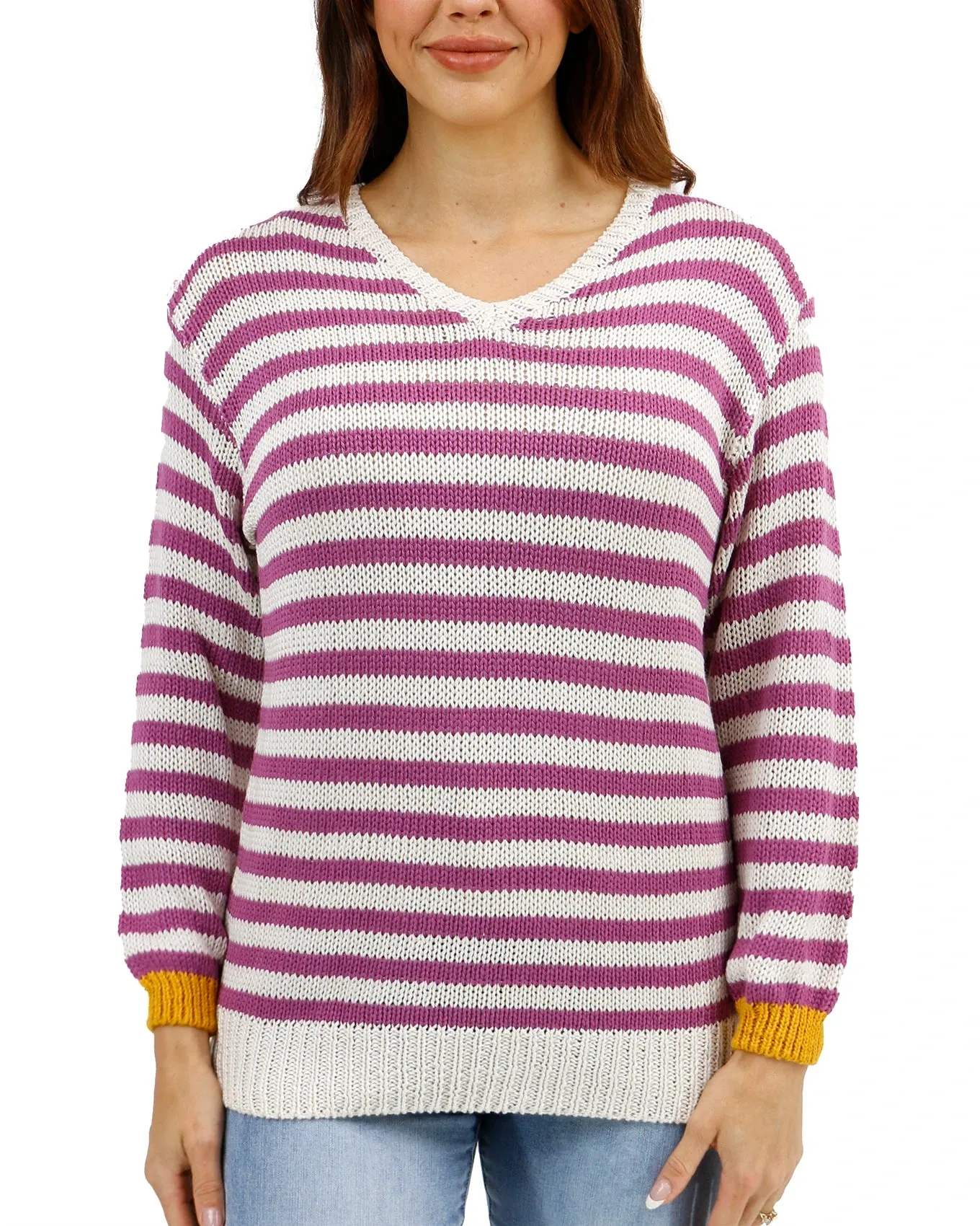 Berry Striped V-Neck Sweater