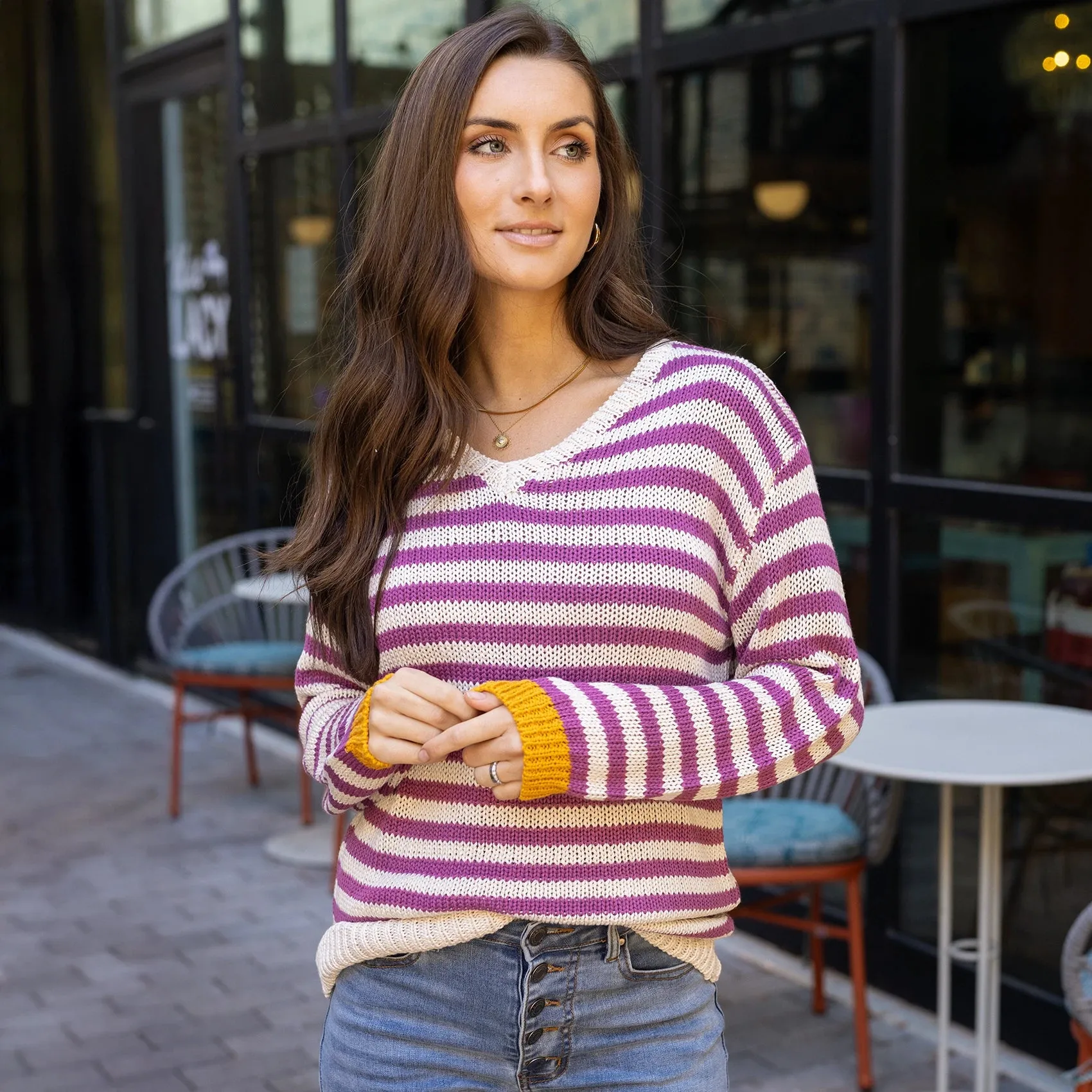 Berry Striped V-Neck Sweater