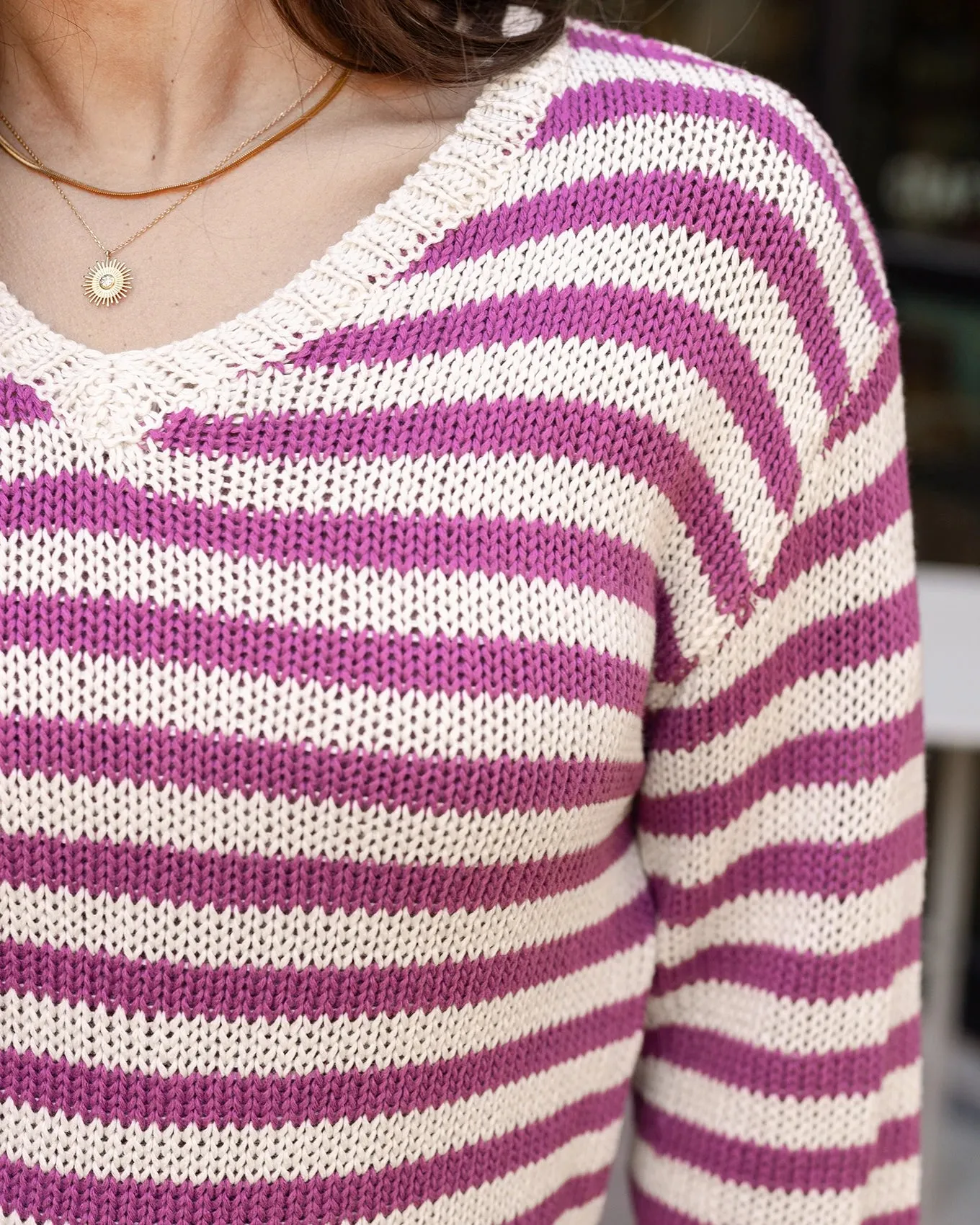 Berry Striped V-Neck Sweater