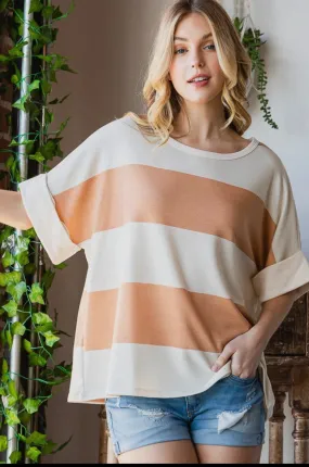 Blouse - Round Neck Stripe, Tan/Cream, Plus Size