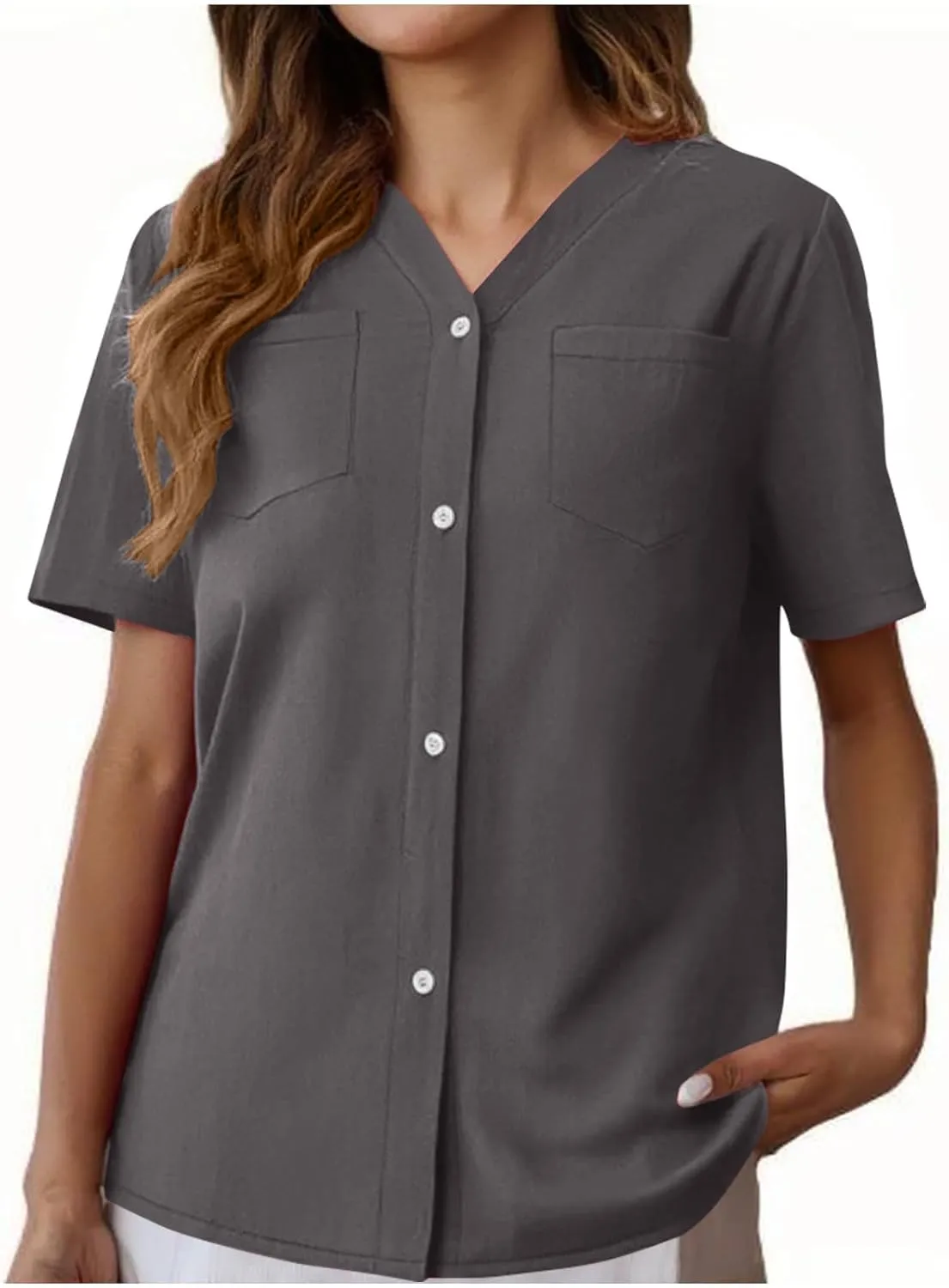 Button Down V Neck Linen Cotton Shirt for Women Casual Summer Short Sleeve Comfy Tops Work Office Blouses Pocket