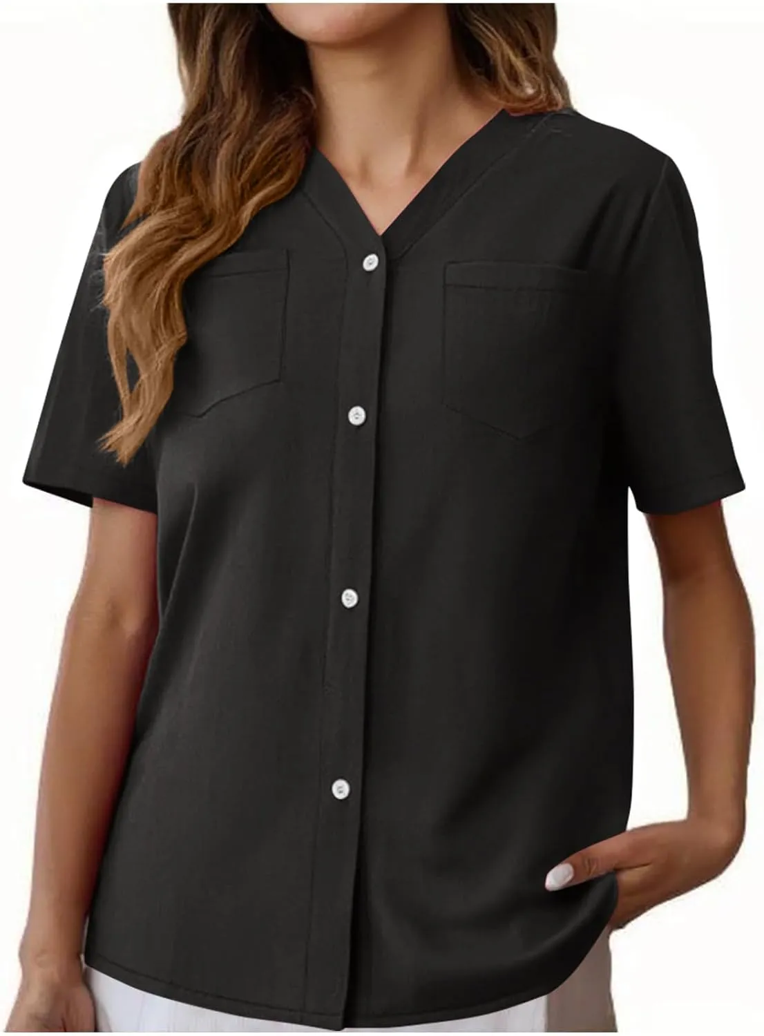 Button Down V Neck Linen Cotton Shirt for Women Casual Summer Short Sleeve Comfy Tops Work Office Blouses Pocket