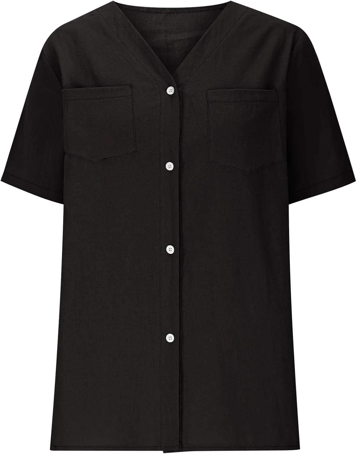 Button Down V Neck Linen Cotton Shirt for Women Casual Summer Short Sleeve Comfy Tops Work Office Blouses Pocket