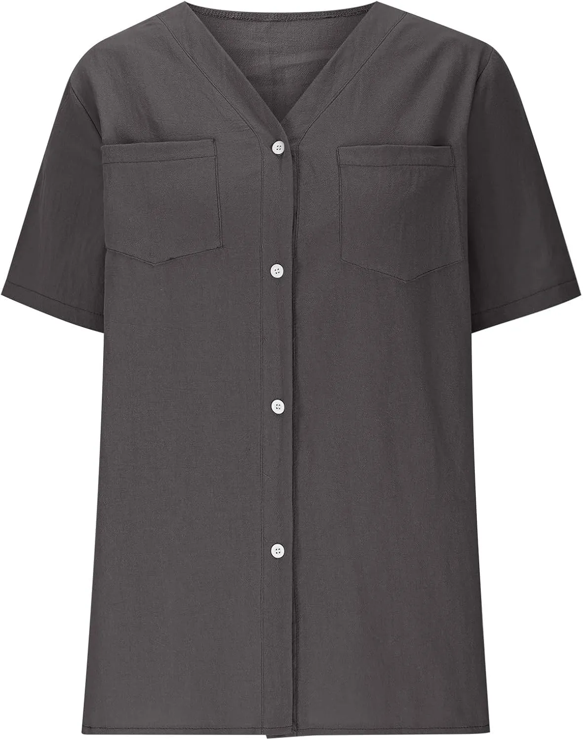 Button Down V Neck Linen Cotton Shirt for Women Casual Summer Short Sleeve Comfy Tops Work Office Blouses Pocket