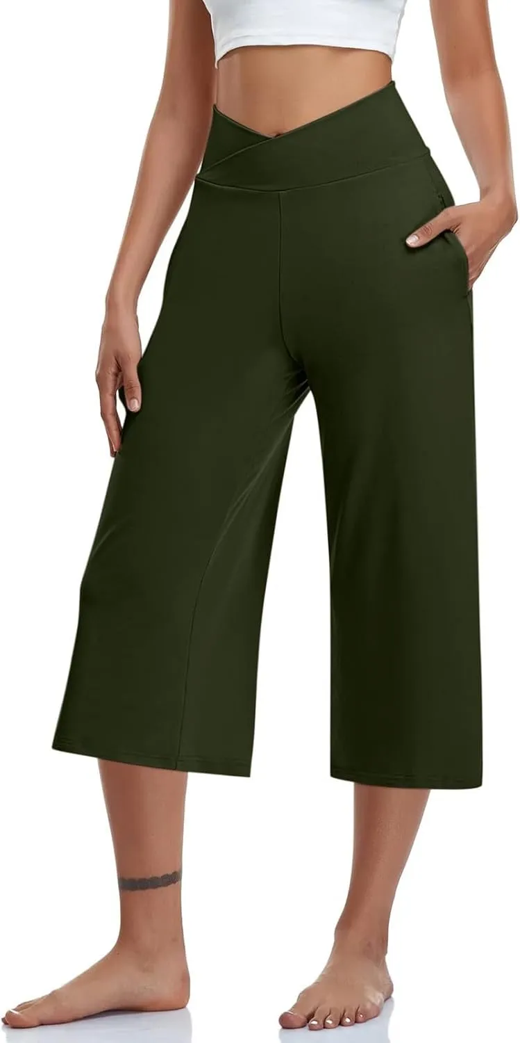 Capri Pants for Womens Casual Wide Leg Yoga Capris Crossover High Waist Cropped Pant Loose Soft Pajama Sweatpants