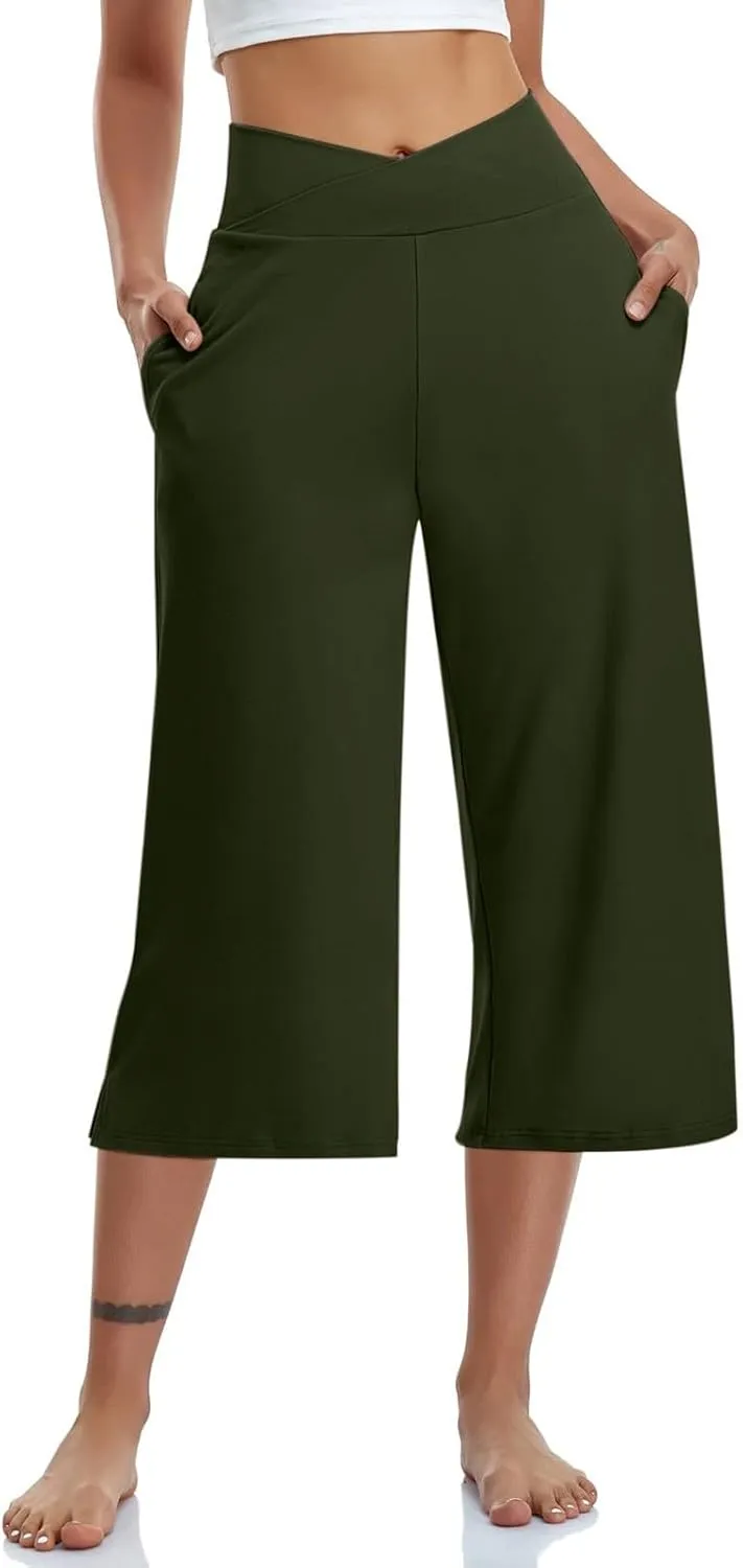 Capri Pants for Womens Casual Wide Leg Yoga Capris Crossover High Waist Cropped Pant Loose Soft Pajama Sweatpants
