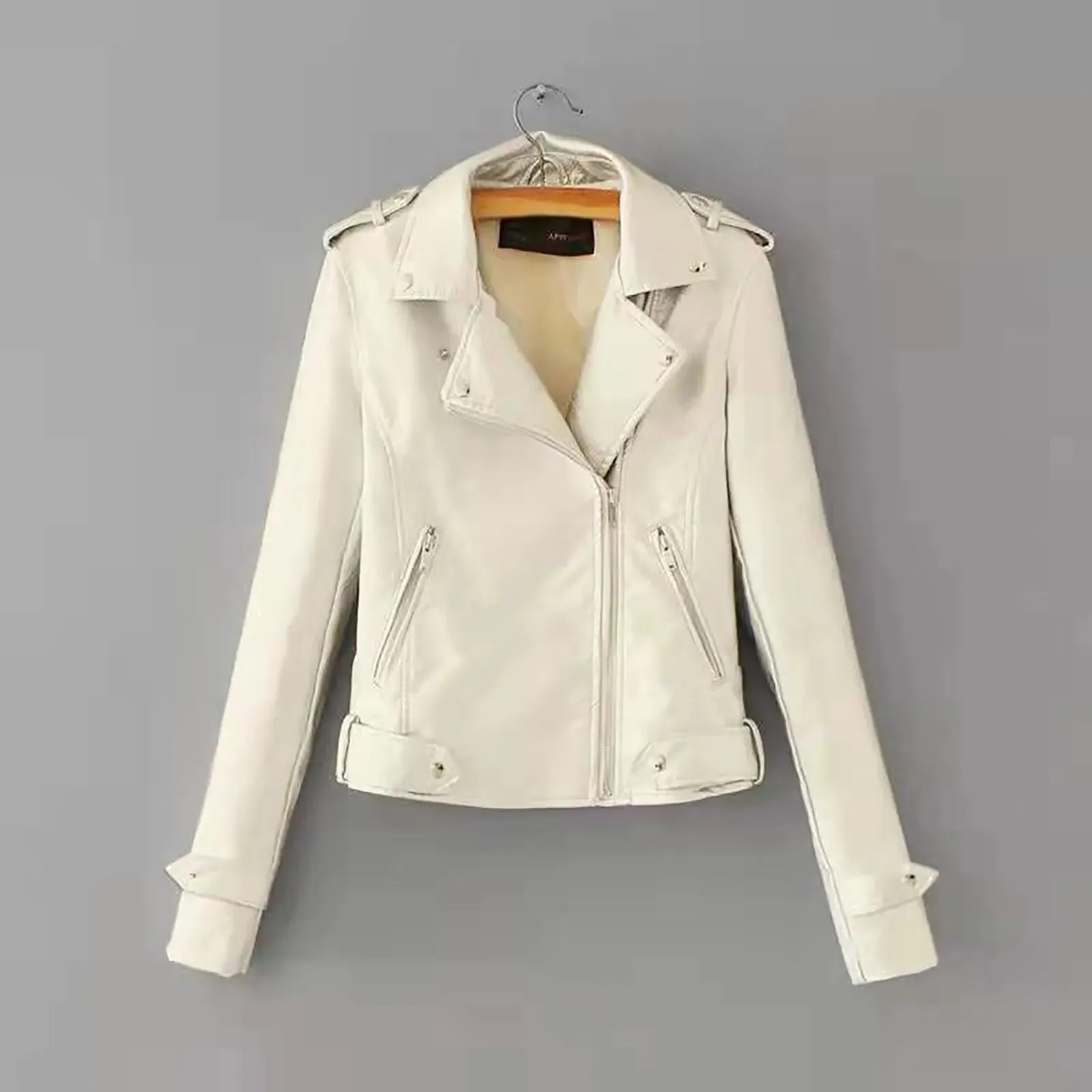 Casual Elegant Outerwear Female Top Women The Belt Fashion Pocket Faux Leather Lapel Solid Color Zipper Soft Quality Jacket