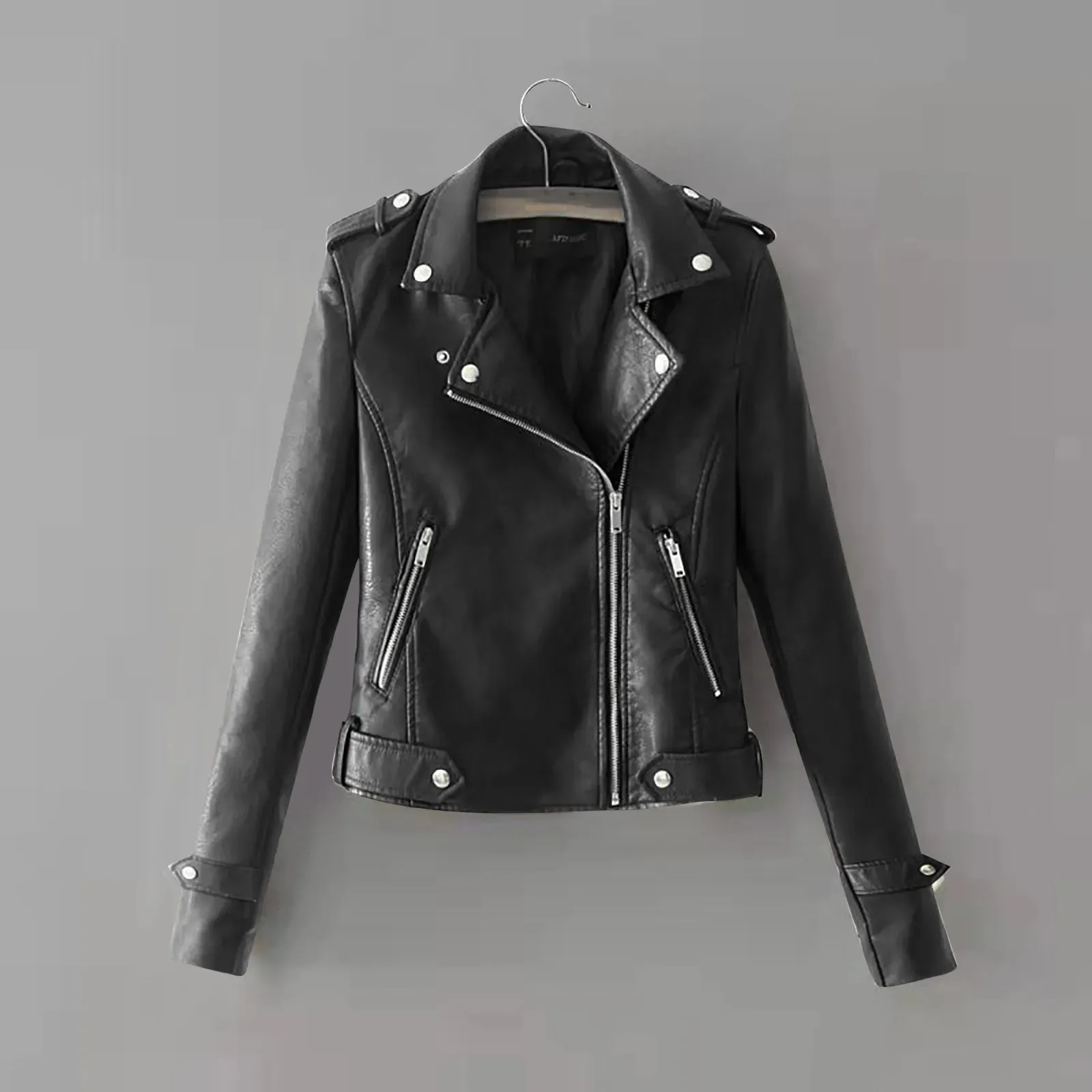 Casual Elegant Outerwear Female Top Women The Belt Fashion Pocket Faux Leather Lapel Solid Color Zipper Soft Quality Jacket
