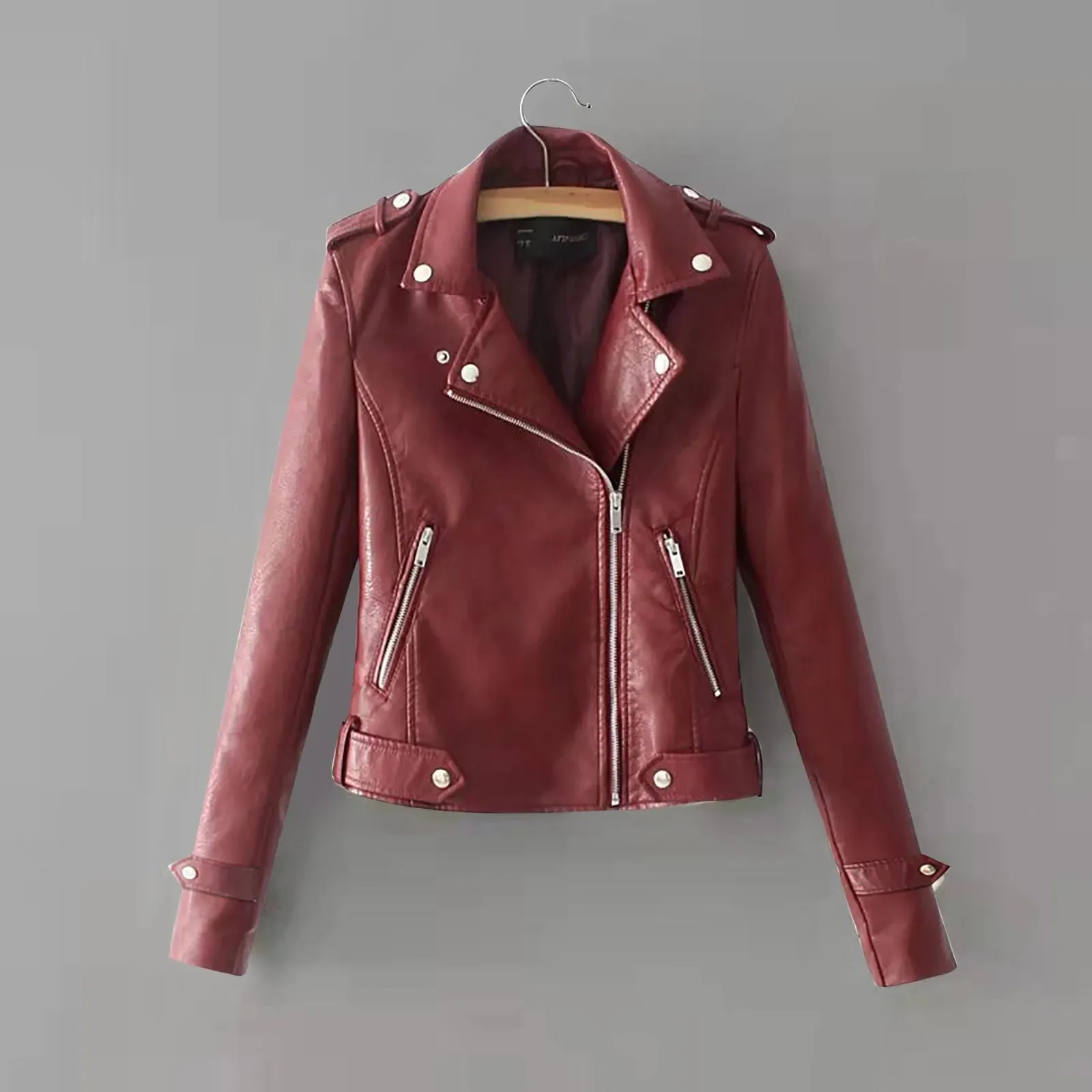Casual Elegant Outerwear Female Top Women The Belt Fashion Pocket Faux Leather Lapel Solid Color Zipper Soft Quality Jacket