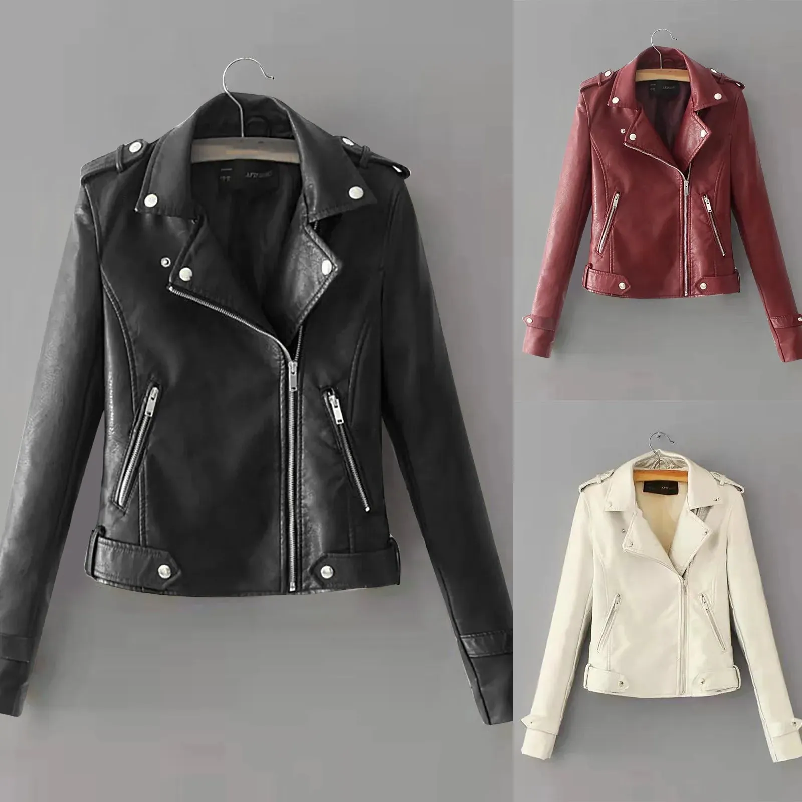 Casual Elegant Outerwear Female Top Women The Belt Fashion Pocket Faux Leather Lapel Solid Color Zipper Soft Quality Jacket