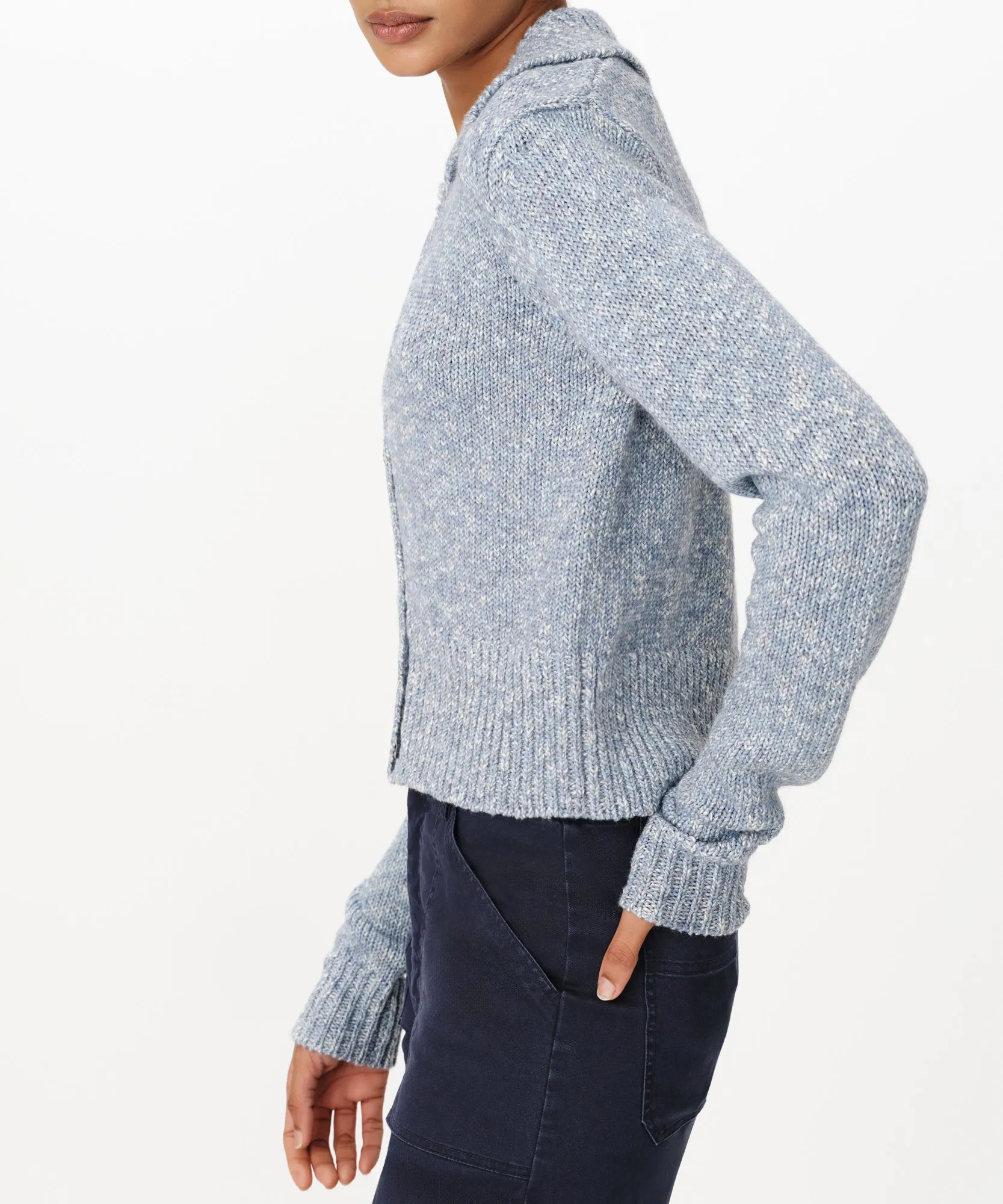 Cotton Blend Collared Cardigan - Pastel Blue Marl