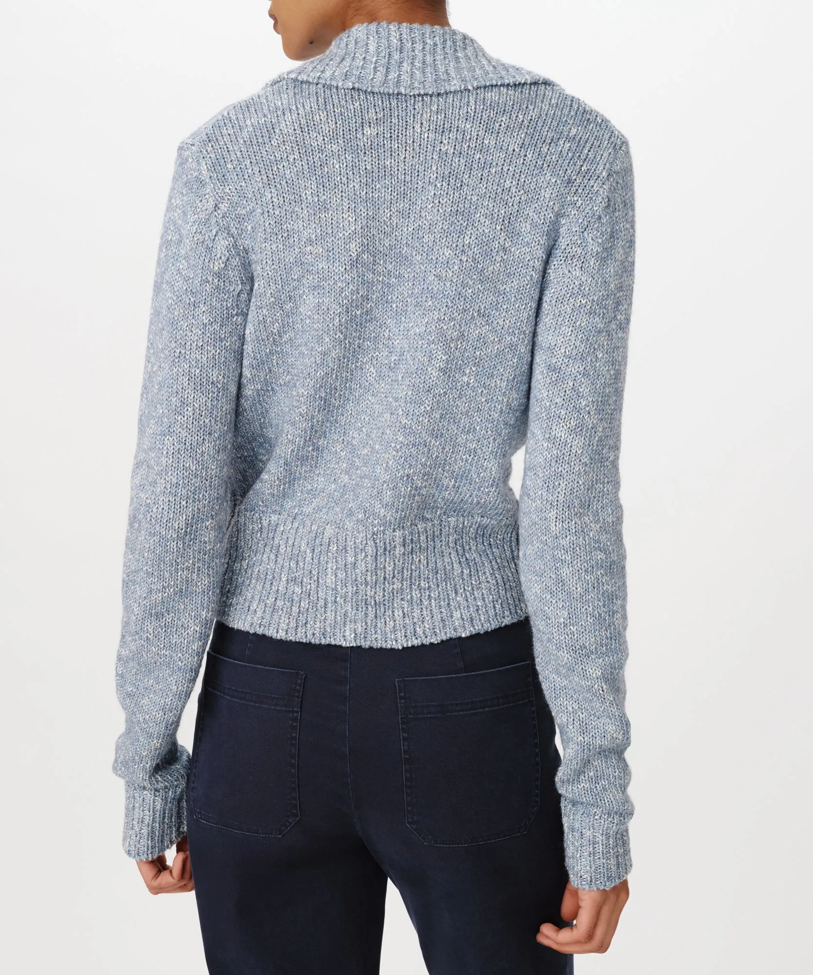 Cotton Blend Collared Cardigan - Pastel Blue Marl