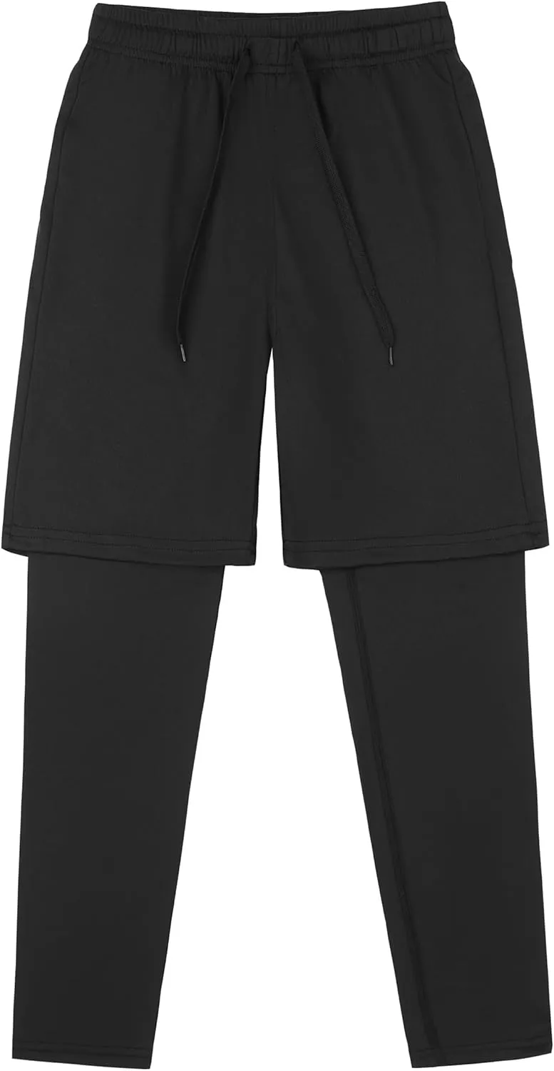 DaniChins Boys 2 in 1 Athletic Active Leggings Sports Running Quick Dry Breathable Compression Pants
