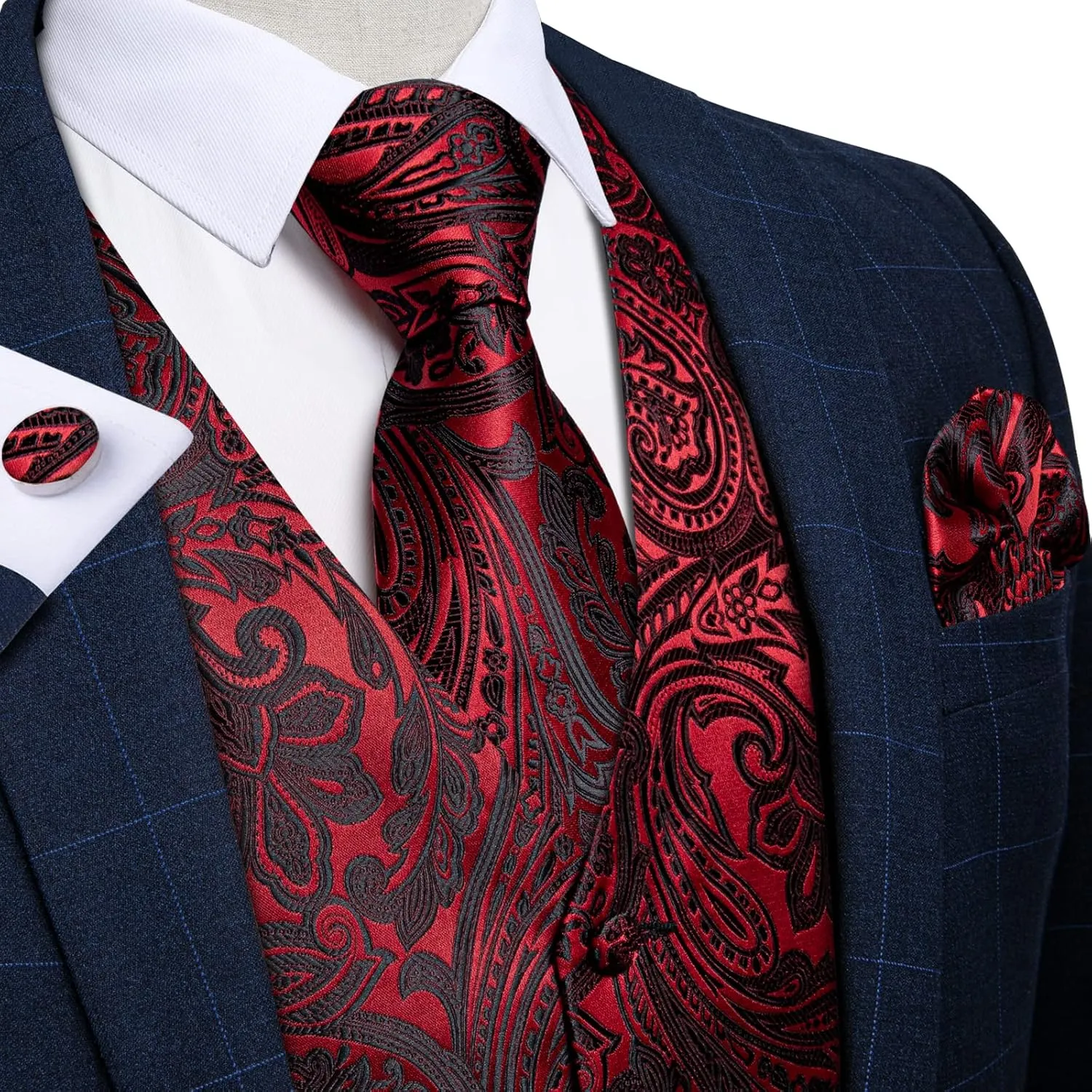 DiBanGu Mens Formal Dress Vest Paisley Jacquard Silk Suit Waistcoat Necktie Bow Tie Set Wedding Party Tuxedo 5PCS