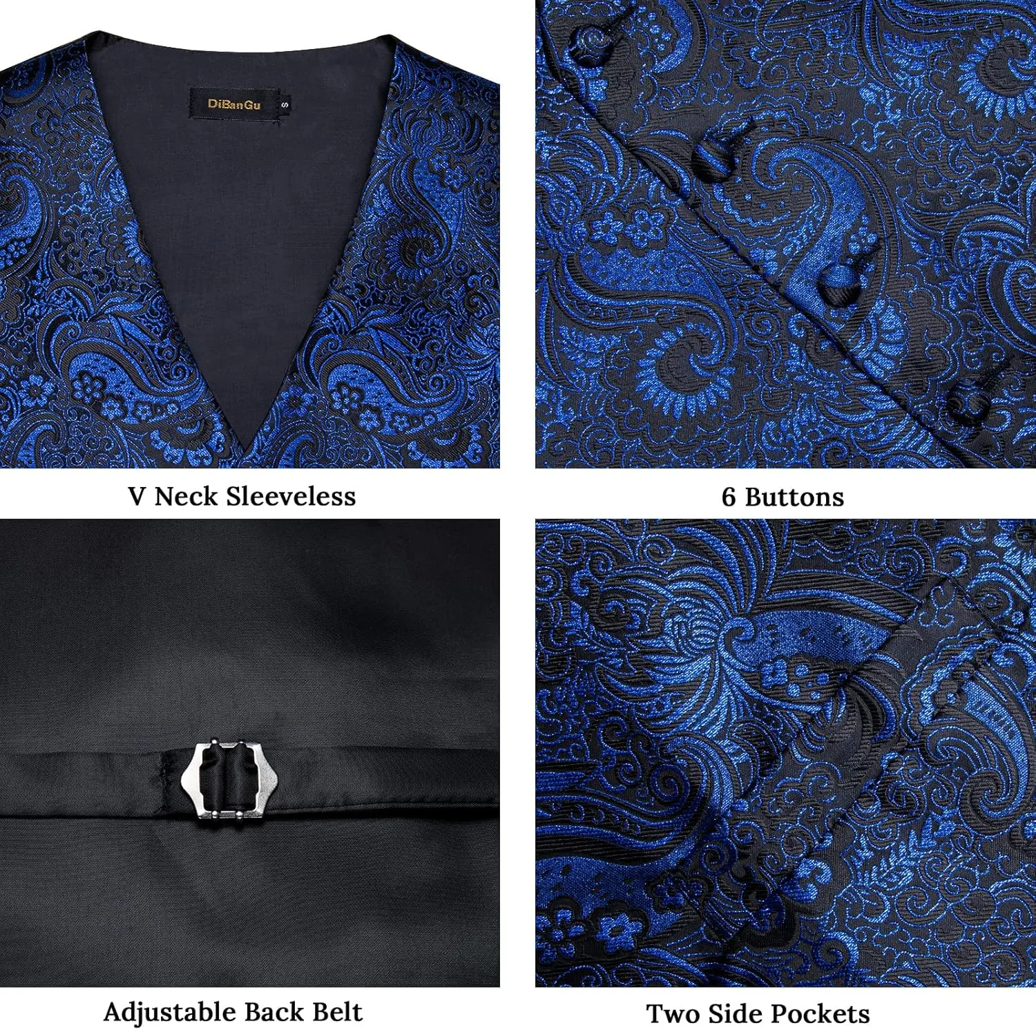 DiBanGu Mens Formal Dress Vest Paisley Jacquard Silk Suit Waistcoat Necktie Bow Tie Set Wedding Party Tuxedo 5PCS