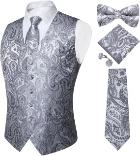 DiBanGu Mens Formal Dress Vest Paisley Jacquard Silk Suit Waistcoat Necktie Bow Tie Set Wedding Party Tuxedo 5PCS