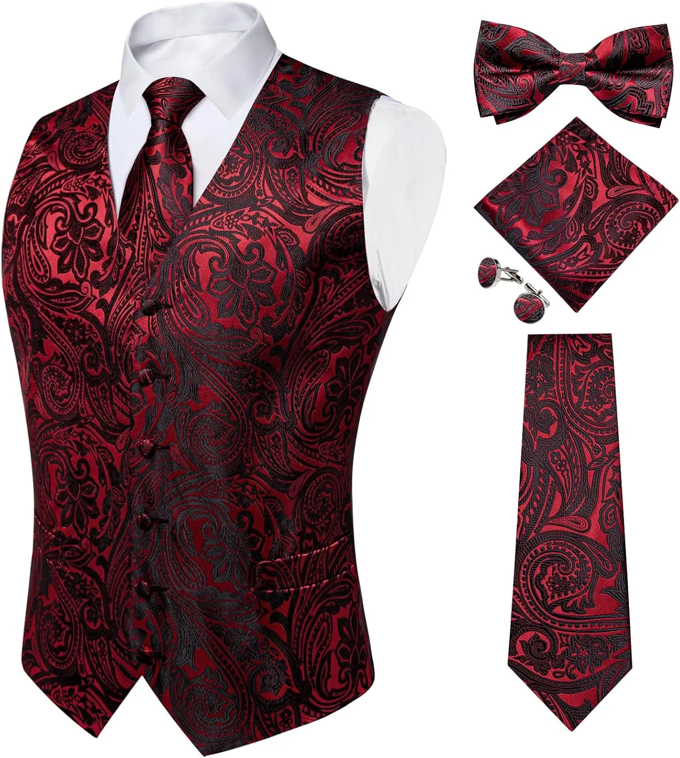 DiBanGu Mens Formal Dress Vest Paisley Jacquard Silk Suit Waistcoat Necktie Bow Tie Set Wedding Party Tuxedo 5PCS