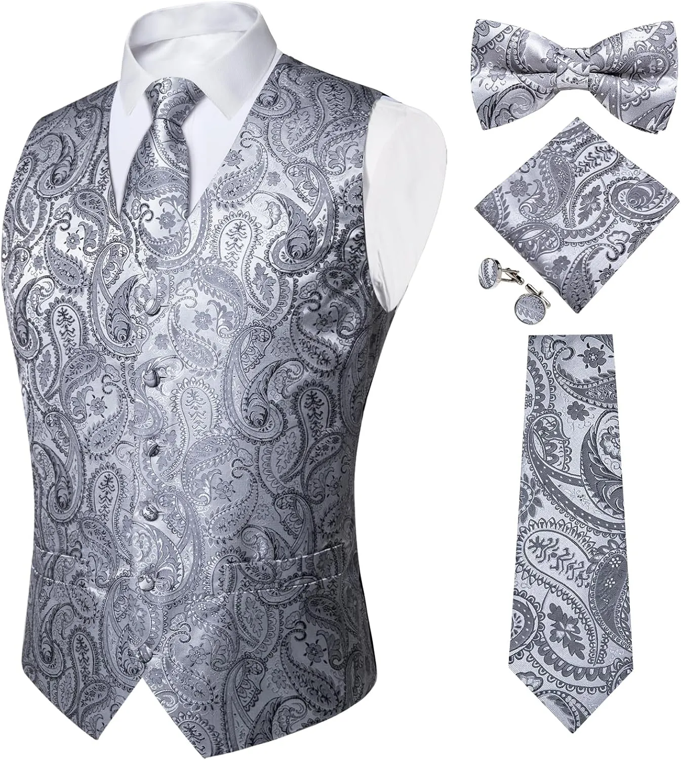 DiBanGu Mens Formal Dress Vest Paisley Jacquard Silk Suit Waistcoat Necktie Bow Tie Set Wedding Party Tuxedo 5PCS