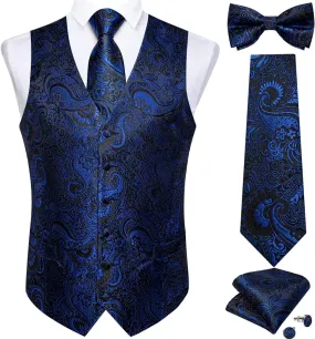 DiBanGu Mens Formal Dress Vest Paisley Jacquard Silk Suit Waistcoat Necktie Bow Tie Set Wedding Party Tuxedo 5PCS
