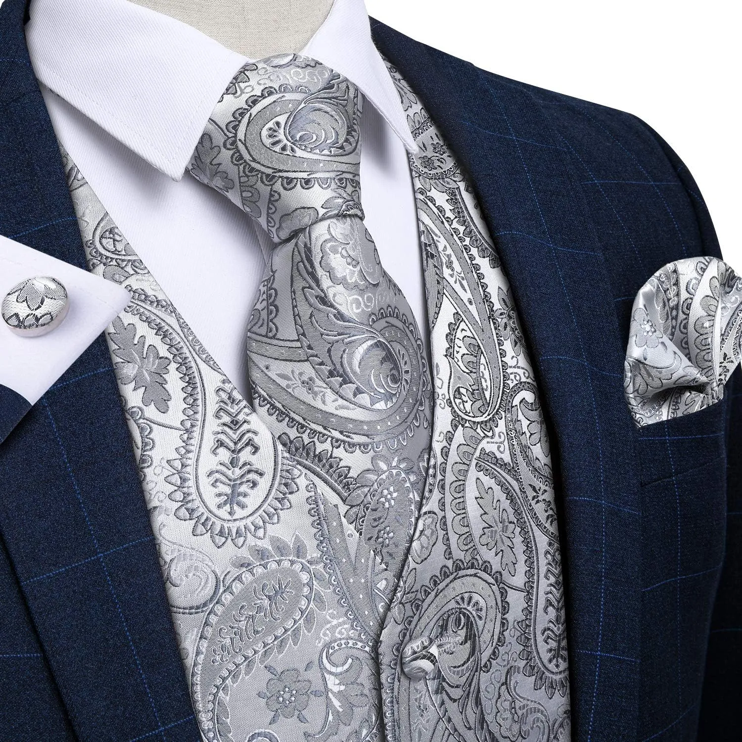 DiBanGu Mens Formal Dress Vest Paisley Jacquard Silk Suit Waistcoat Necktie Bow Tie Set Wedding Party Tuxedo 5PCS