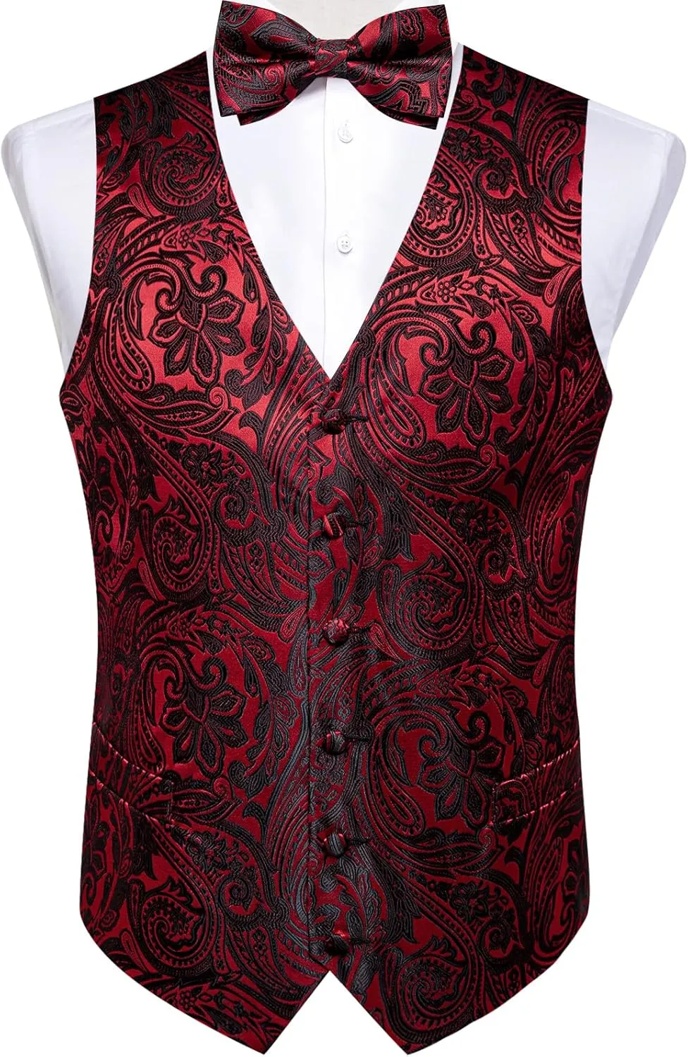 DiBanGu Mens Formal Dress Vest Paisley Jacquard Silk Suit Waistcoat Necktie Bow Tie Set Wedding Party Tuxedo 5PCS