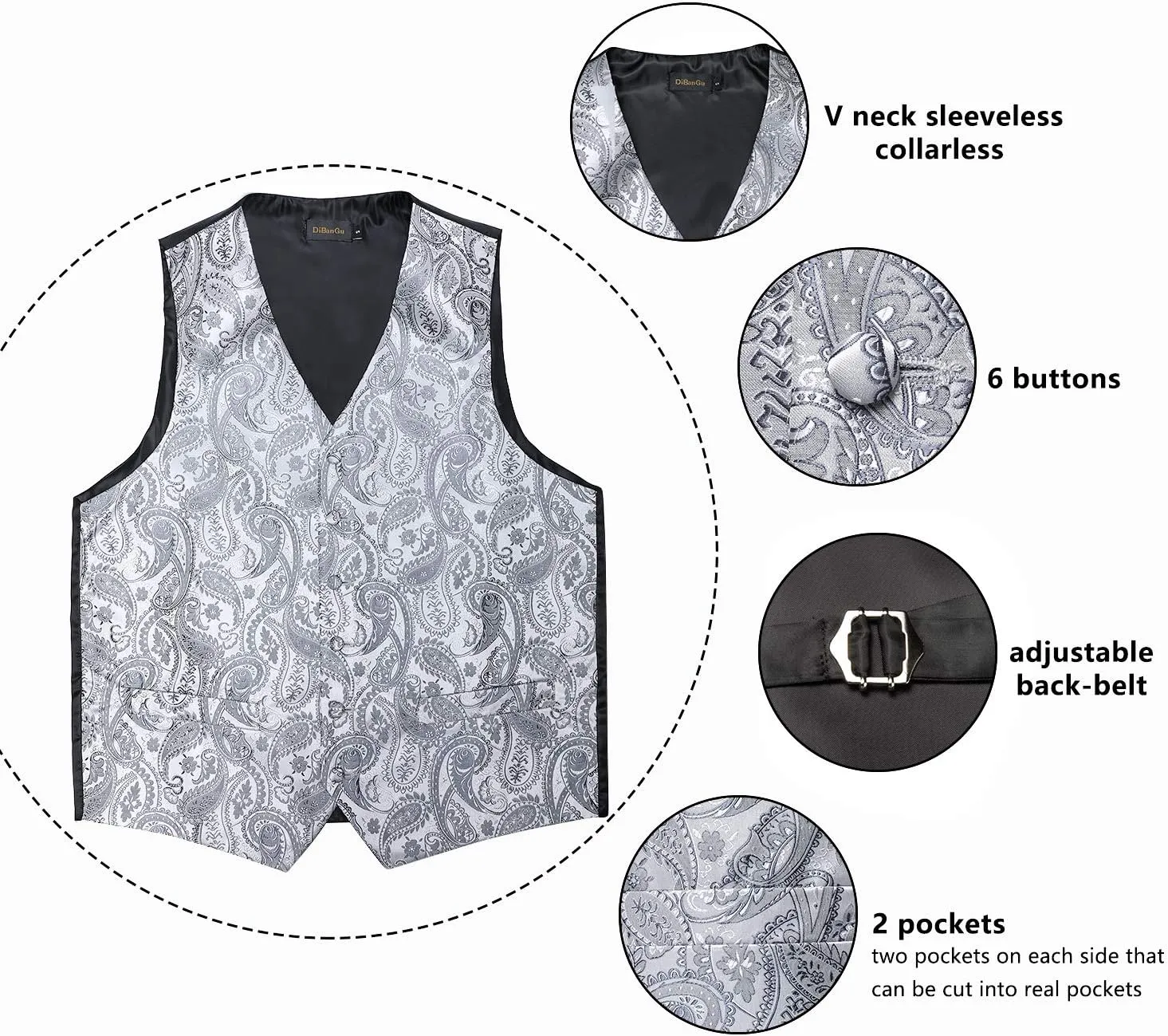 DiBanGu Mens Formal Dress Vest Paisley Jacquard Silk Suit Waistcoat Necktie Bow Tie Set Wedding Party Tuxedo 5PCS