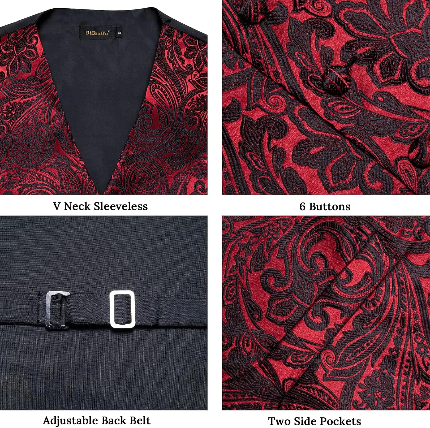 DiBanGu Mens Formal Dress Vest Paisley Jacquard Silk Suit Waistcoat Necktie Bow Tie Set Wedding Party Tuxedo 5PCS