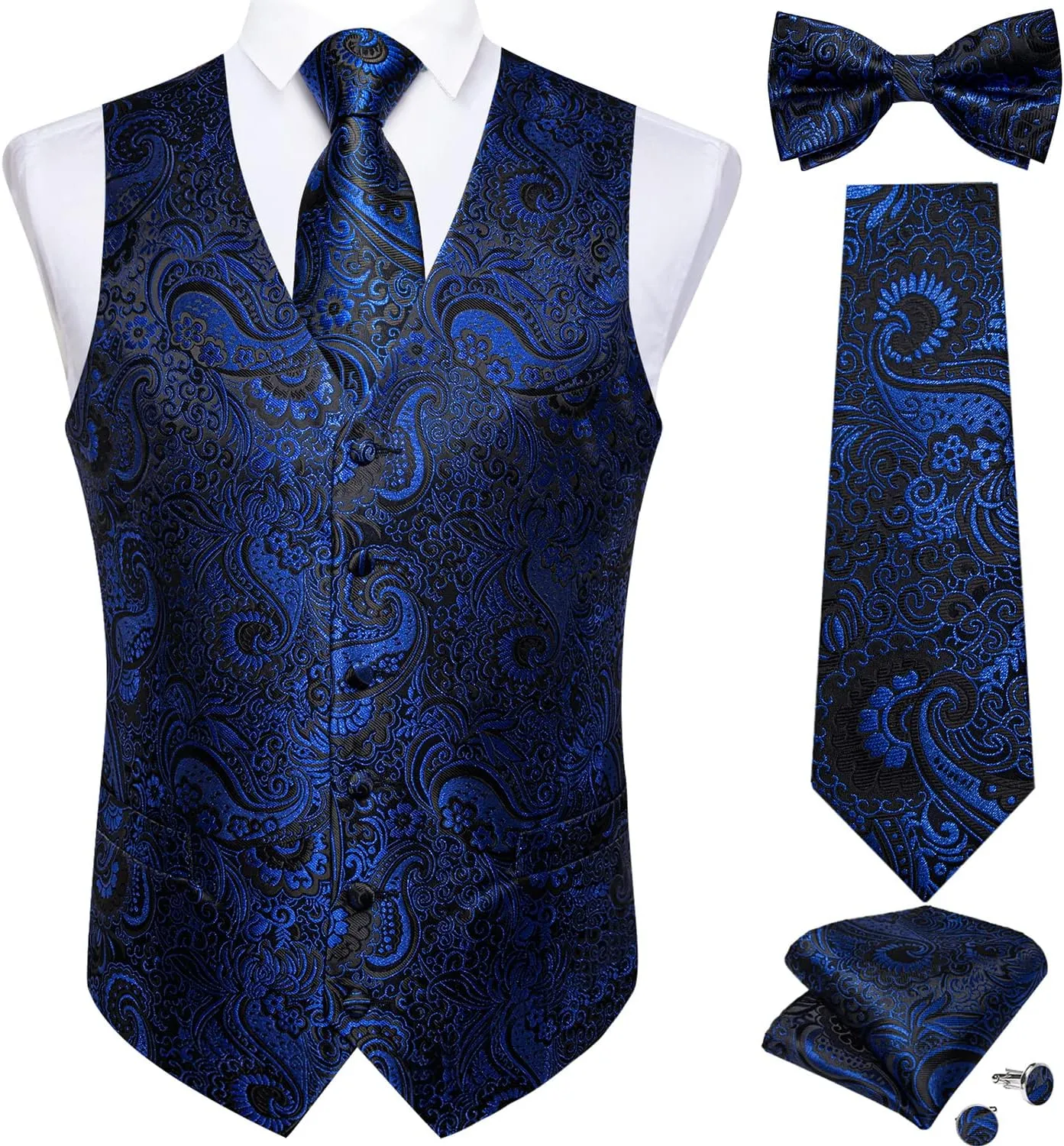 DiBanGu Mens Formal Dress Vest Paisley Jacquard Silk Suit Waistcoat Necktie Bow Tie Set Wedding Party Tuxedo 5PCS