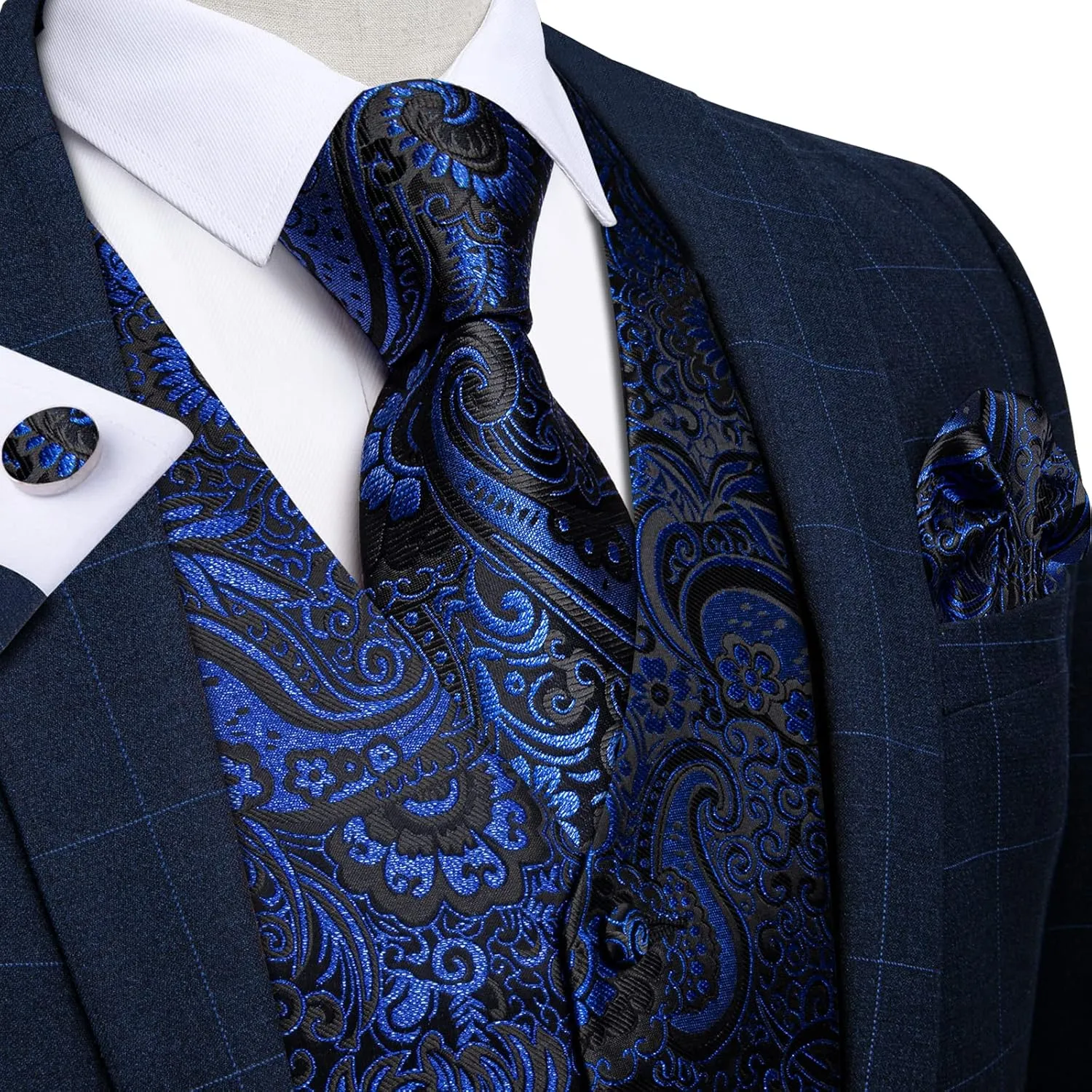 DiBanGu Mens Formal Dress Vest Paisley Jacquard Silk Suit Waistcoat Necktie Bow Tie Set Wedding Party Tuxedo 5PCS
