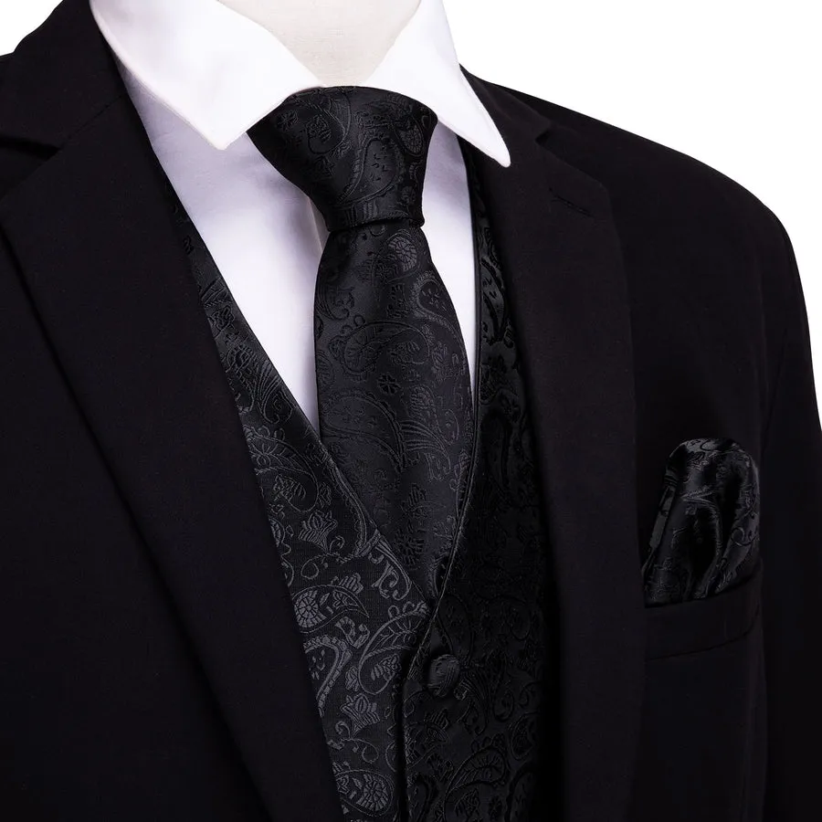 Ebony Black Paisley Luxe Silk Vest Set