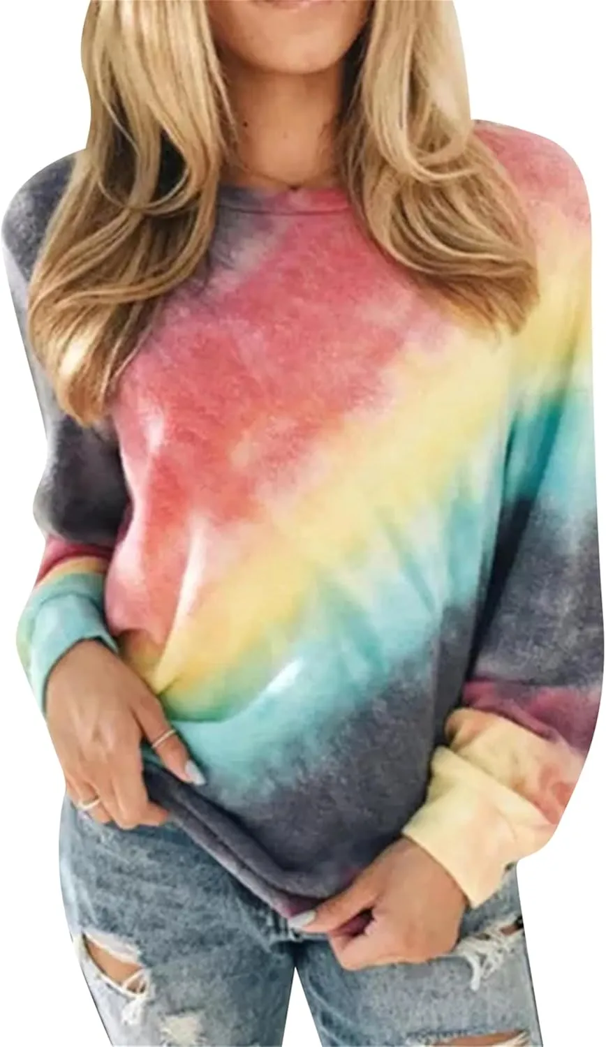 FLITAY Womens Casual Loose Fit Shirts Long Sleeve Comfy Tops Round Neck Tie Dye Pullover Sweatshirts