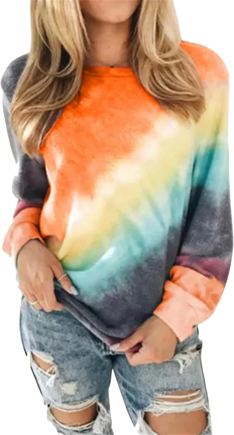 FLITAY Womens Casual Loose Fit Shirts Long Sleeve Comfy Tops Round Neck Tie Dye Pullover Sweatshirts