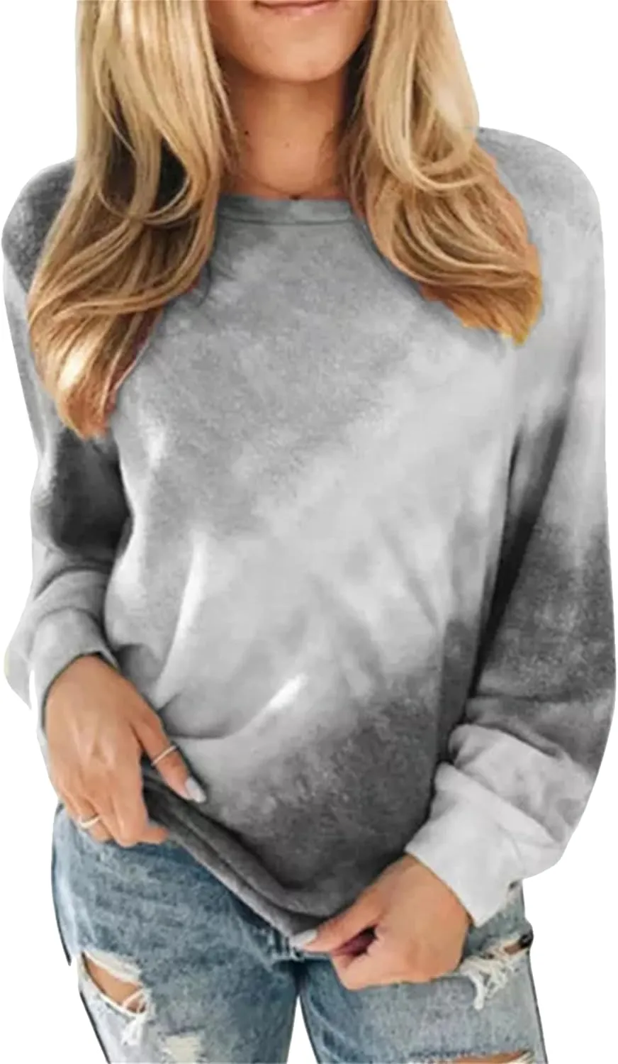 FLITAY Womens Casual Loose Fit Shirts Long Sleeve Comfy Tops Round Neck Tie Dye Pullover Sweatshirts