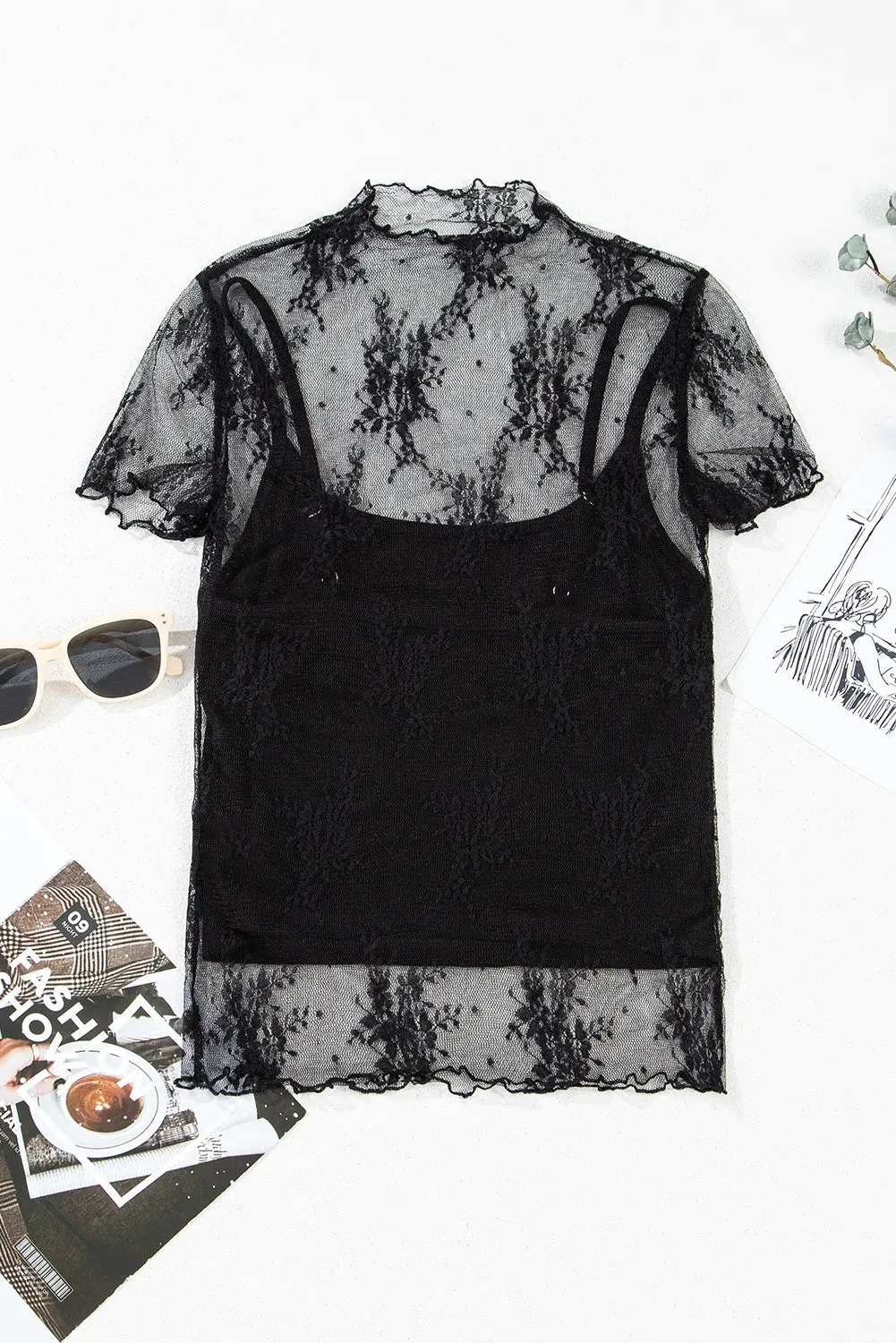 Floral Mesh Short Sleeve Blouse