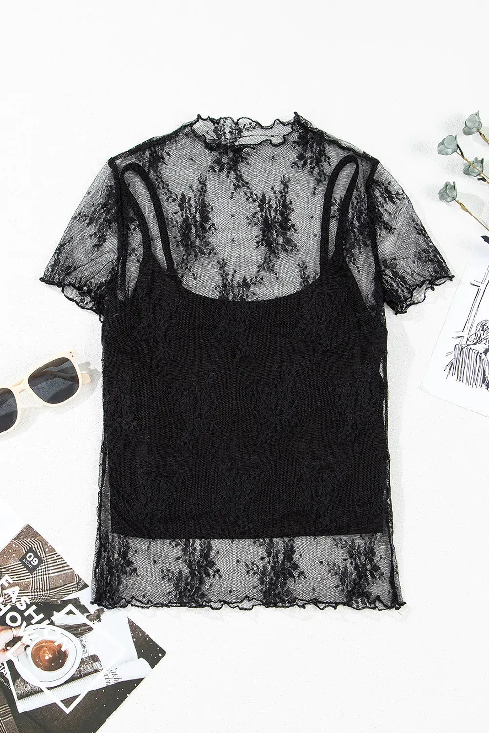 Floral Mesh Short Sleeve Blouse