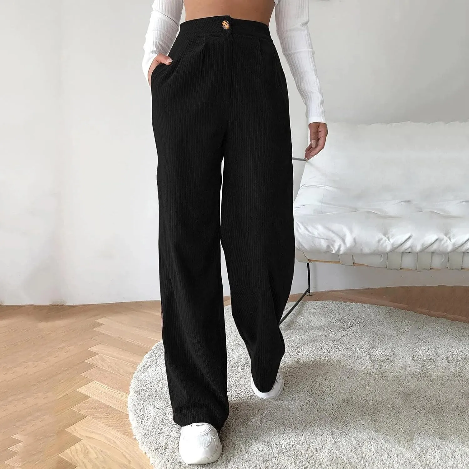 High Waist Cord Wide Leg Pants Straight Trousers Women Big Size Corduroy Pants Womens Clothes Plus Size