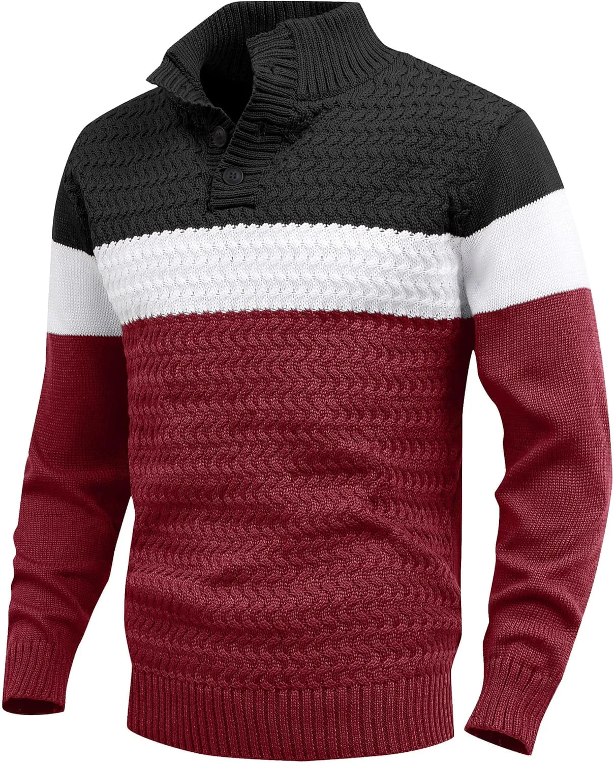 HYPESTFIT Men's Tri-Button Pullover Sweater Mock Neck Lightweight Casual Fashion Knitted Henley Sweater